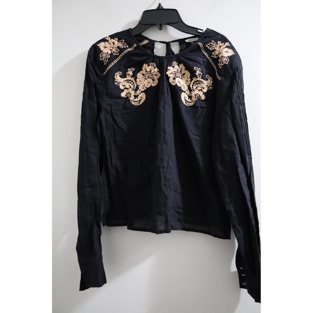 St. Roche Black Organic Cotton Embroidered Floral Blouse Top Size 4 Boho Tassels